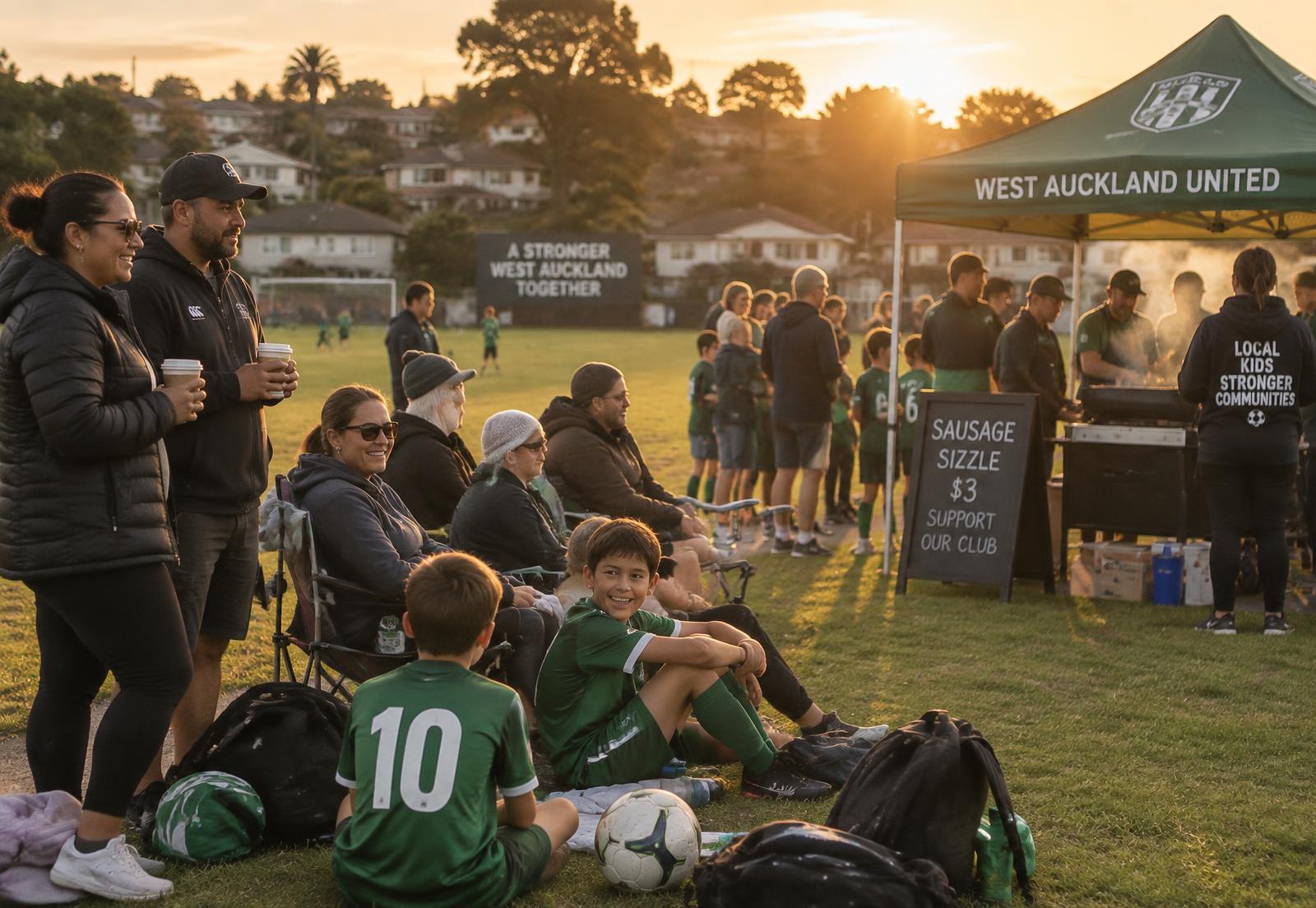 Families and volunteers on the sideline of a suburban football pitch